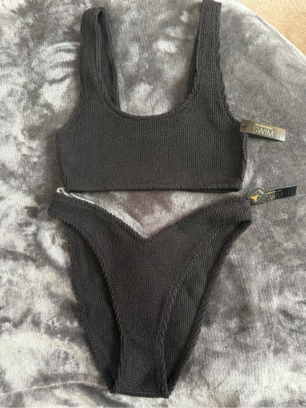 NWT Victoria’s Secret Black Crinkle Bikini Set M/L